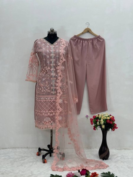 Luxury Net Palazzo Suit with Sequence Work and Fancy Lace Ready To Wear Collection