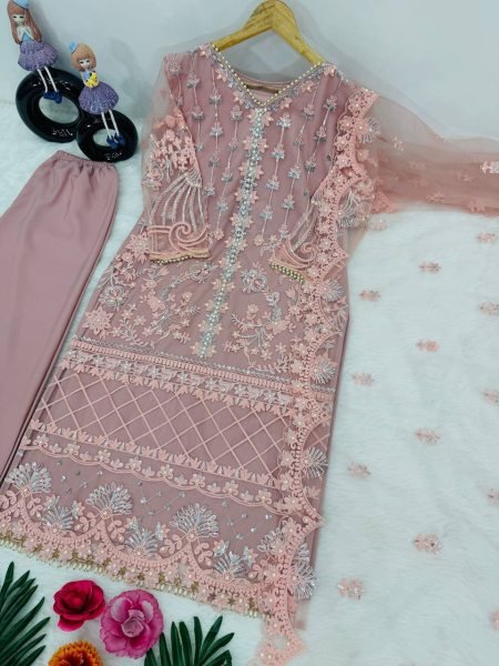 Luxury Net Palazzo Suit with Sequence Work and Fancy Lace Ready To Wear Collection