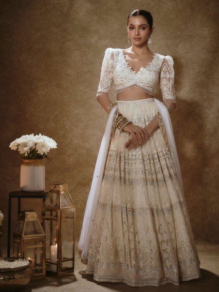 Luxury Off White Bridal Net Lehenga with Heavy Embroidery for Wedding Wear  Lehenga