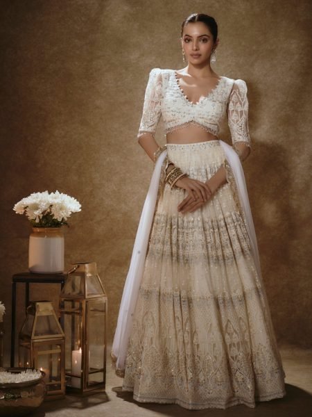 Luxury Off White Bridal Net Lehenga with Heavy Embroidery for Wedding Wear Designer Lehenga Choli