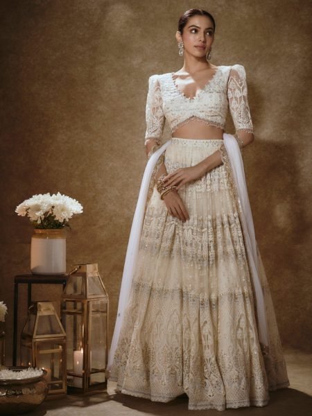 Luxury Off White Bridal Net Lehenga with Heavy Embroidery for Wedding Wear Designer Lehenga Choli