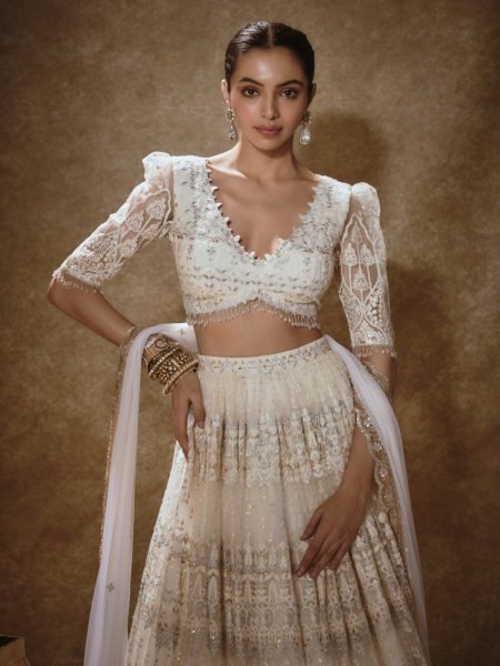 Luxury Off White Bridal Net Lehenga with Heavy Embroidery for Wedding Wear Designer Lehenga Choli