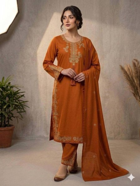 Luxury  Orange Embroidered Ethnic Suit Set with Palazzo and Dupatta 