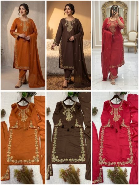 Luxury  Orange Embroidered Ethnic Suit Set with Palazzo and Dupatta Ready To Wear Collection