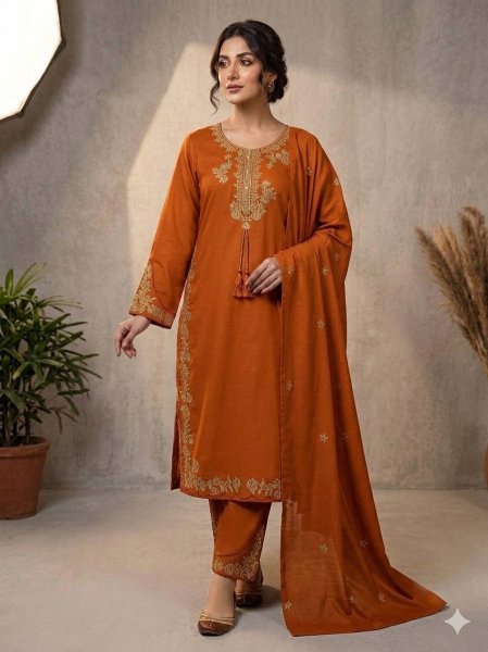 Luxury  Orange Embroidered Ethnic Suit Set with Palazzo and Dupatta Ready To Wear Collection