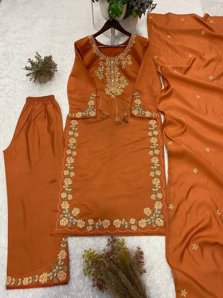 Luxury  Orange Embroidered Ethnic Suit Set with Palazzo and Dupatta Ready To Wear Collection
