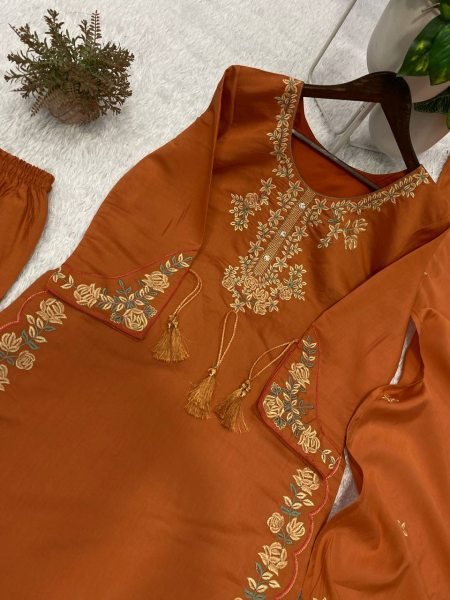 Luxury  Orange Embroidered Ethnic Suit Set with Palazzo and Dupatta Ready To Wear Collection
