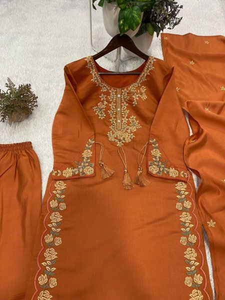 Luxury  Orange Embroidered Ethnic Suit Set with Palazzo and Dupatta Ready To Wear Collection