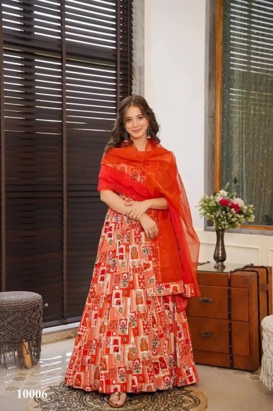 Luxury Organza Digital Gown Flared Style with Contrast Dupatta Elegance Anarkali Kurtis 