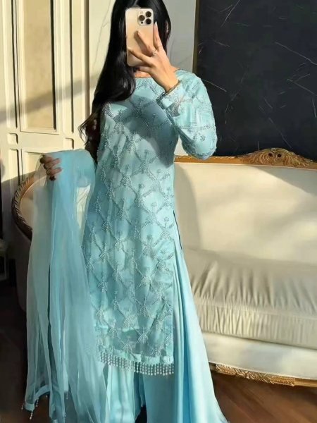 Luxury Pakistani Plazzo Dress Embroidery Sequence Work With Fancy Pearl Moti And Lace Border 