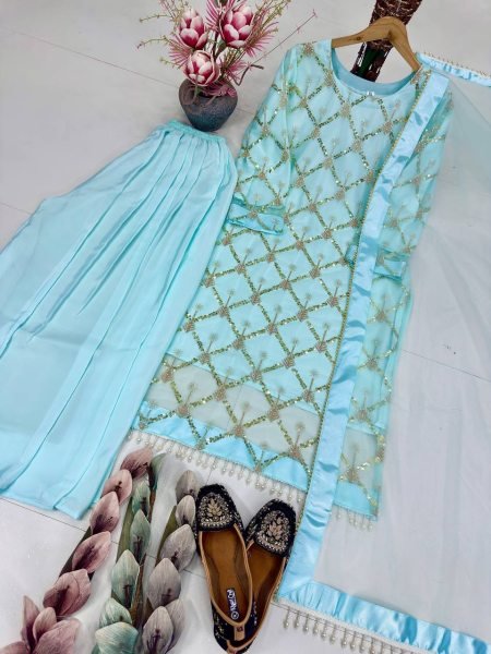 Luxury Pakistani Plazzo Dress Embroidery Sequence Work With Fancy Pearl Moti And Lace Border Ready To Wear Collection