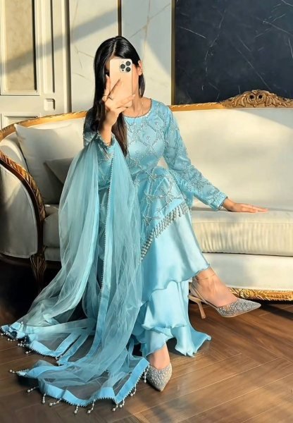 Luxury Pakistani Plazzo Dress Embroidery Sequence Work With Fancy Pearl Moti And Lace Border Ready To Wear Collection