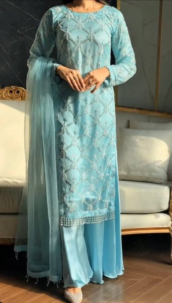 Luxury Pakistani Plazzo Dress Embroidery Sequence Work With Fancy Pearl Moti And Lace Border Ready To Wear Collection