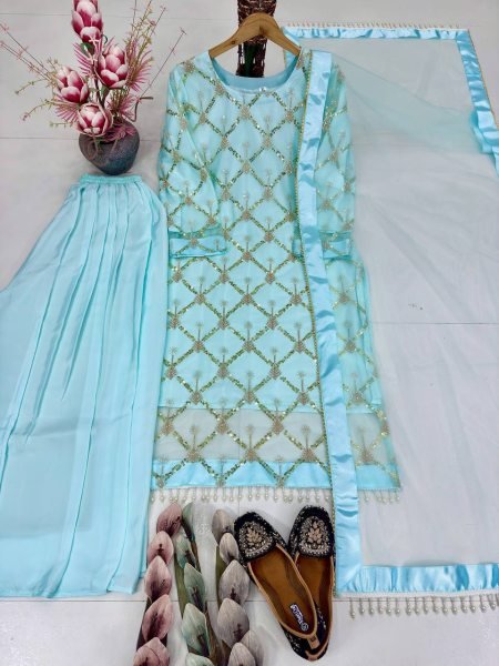 Luxury Pakistani Plazzo Dress Embroidery Sequence Work With Fancy Pearl Moti And Lace Border Ready To Wear Collection