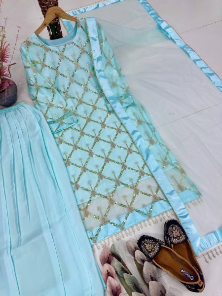 Luxury Pakistani Plazzo Dress Embroidery Sequence Work With Fancy Pearl Moti And Lace Border Ready To Wear Collection