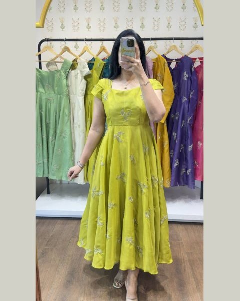 Luxury Parrot Green Chinnon Silk Designer Party Wear Gown with Elegant Bead Work Detailing