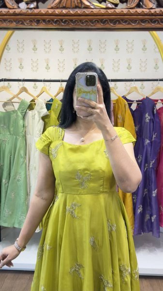 Luxury Parrot Green Chinnon Silk Designer Party Wear Gown with Elegant Bead Work Detailing Anarkali Kurtis 