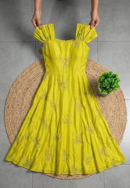 Luxury Parrot Green Chinnon Silk Designer Party Wear Gown with Elegant Bead Work Detailing Anarkali Kurtis 