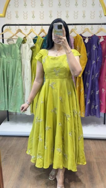 Luxury Parrot Green Chinnon Silk Designer Party Wear Gown with Elegant Bead Work Detailing Anarkali Kurtis 