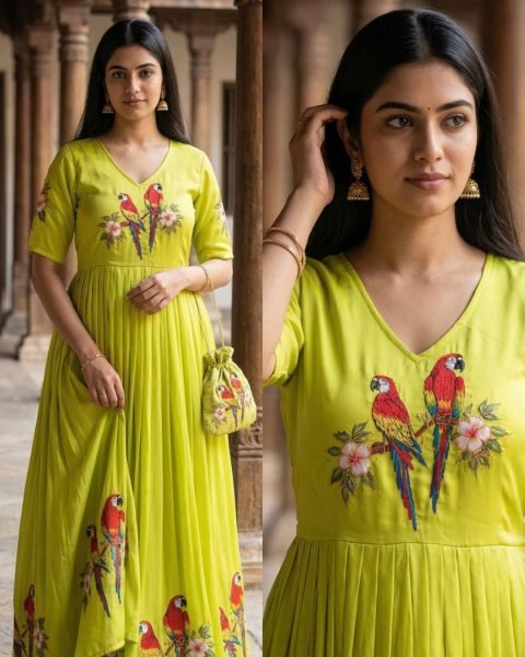 Luxury Parrot Green Maslin Designer Gown with South Pattern Print for Festive Collection 