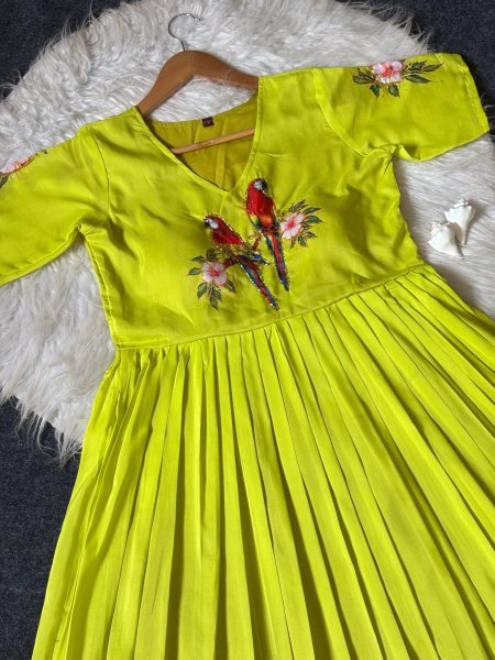 Luxury Parrot Green Maslin Designer Gown with South Pattern Print for Festive Collection Anarkali Kurtis 