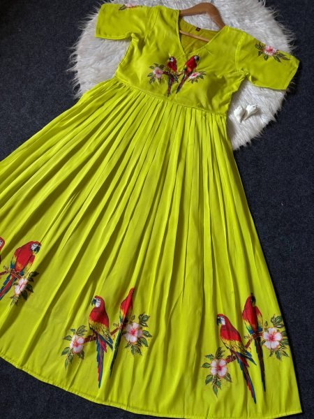 Luxury Parrot Green Maslin Designer Gown with South Pattern Print for Festive Collection Anarkali Kurtis 