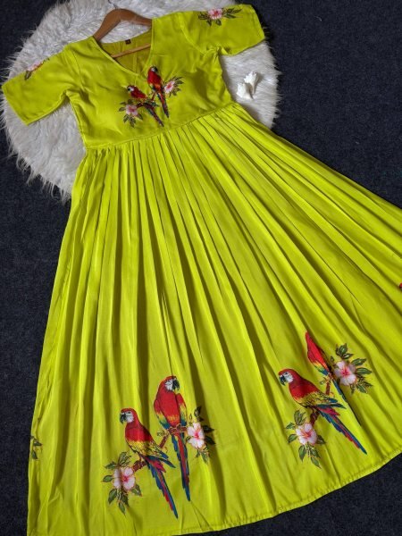 Luxury Parrot Green Maslin Designer Gown with South Pattern Print for Festive Collection Anarkali Kurtis 