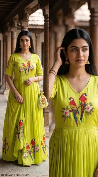 Luxury Parrot Green Maslin Designer Gown with South Pattern Print for Festive Collection Anarkali Kurtis 