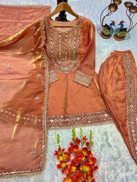 Luxury Party Wear Embroidered Silk Top Dhoti Suit with Real Mirror Work Ready To Wear Suit