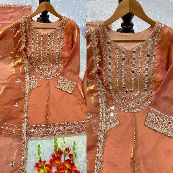 Luxury Party Wear Embroidered Silk Top Dhoti Suit with Real Mirror Work Ready To Wear Collection