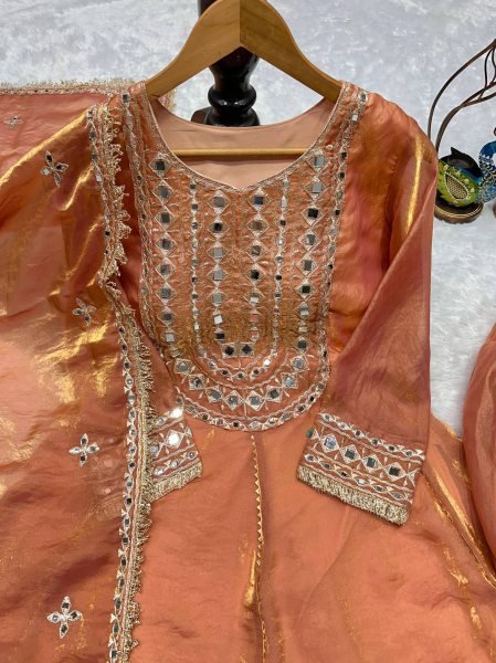 Luxury Party Wear Embroidered Silk Top Dhoti Suit with Real Mirror Work Ready To Wear Collection