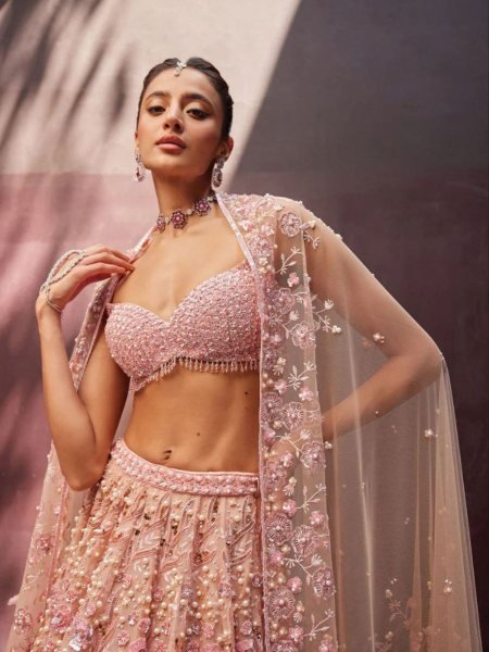 Premium Georgette Bridal Lehenga in Pastel Pink with Sequins Blouse for Bridesmaids Designer Lehenga Choli