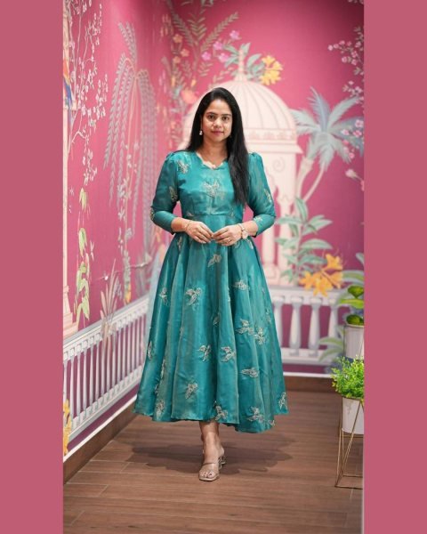 Luxury  Peacock Blue Chinnon Silk Bead Work Long Gown with Full Lining for Wedding and Party Wear