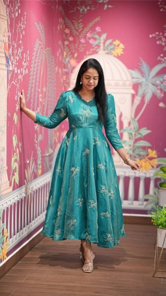 Luxury  Peacock Blue Chinnon Silk Bead Work Long Gown with Full Lining for Wedding and Party Wear Anarkali Kurtis 