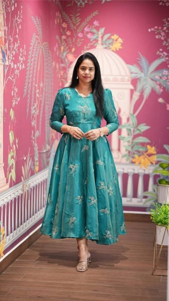 Luxury  Peacock Blue Chinnon Silk Bead Work Long Gown with Full Lining for Wedding and Party Wear Anarkali Kurtis 