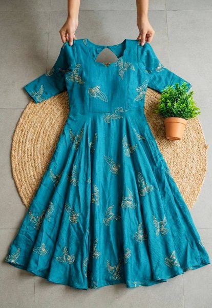 Luxury  Peacock Blue Chinnon Silk Bead Work Long Gown with Full Lining for Wedding and Party Wear Anarkali Kurtis 