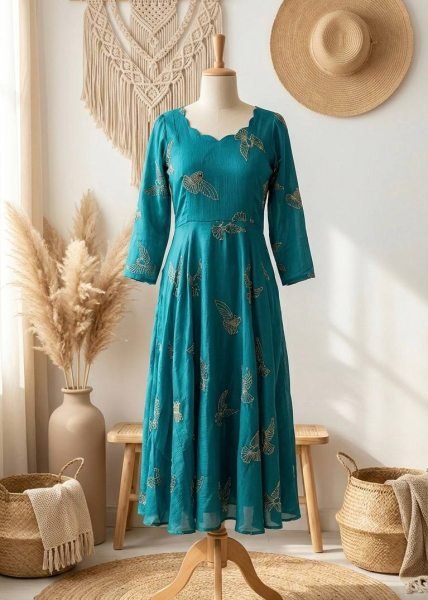 Luxury  Peacock Blue Chinnon Silk Bead Work Long Gown with Full Lining for Wedding and Party Wear Anarkali Kurtis 