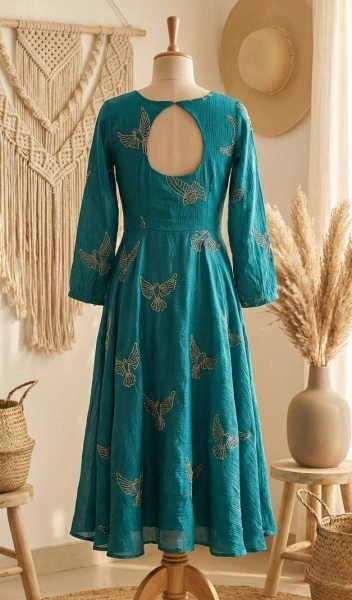 Luxury  Peacock Blue Chinnon Silk Bead Work Long Gown with Full Lining for Wedding and Party Wear Anarkali Kurtis 