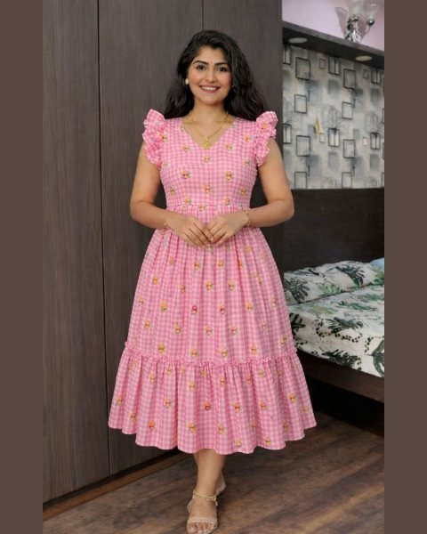 Luxury Pink Chanderi Cotton Silk Designer Printed Gown for Boutique Collection 