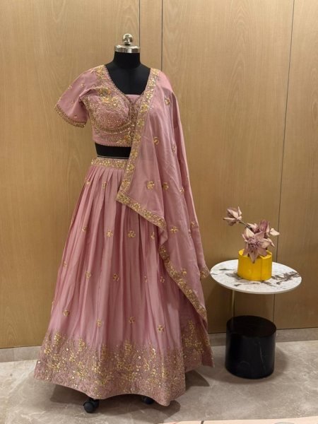 Luxury Pink Rangoli Silk Lehenga with Beads Embroidery for Wedding Wear Designer Lehenga Choli
