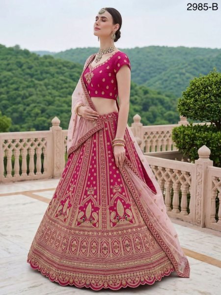 Luxury Pink Silk Lehenga Set with Heavy Embroidery for Bridal Wear  Lehenga