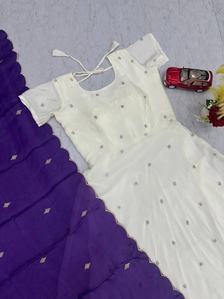 Luxury Purple Dupatta Chinnon Silk Sequence Work Long Gown with Fendi Silk Dupatta for Wedding Functions Kurti With Dupatta Wholesale