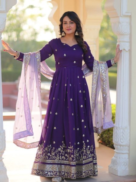 Luxury Purple Embroidered Anarkali Gown with Sequins Work for Party Wear Anarkali Kurtis 