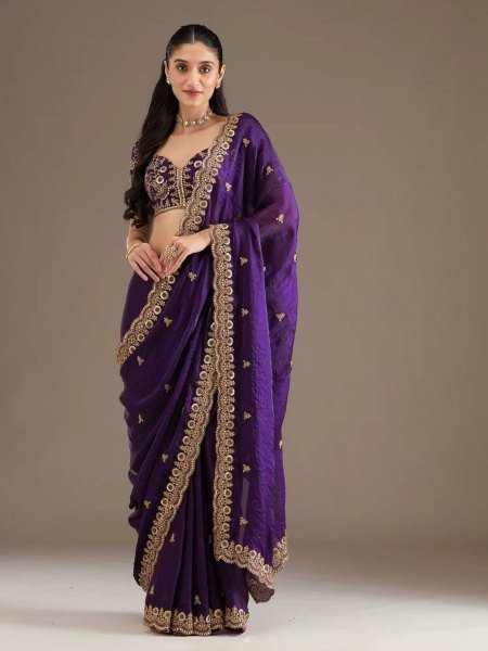 luxury purple satin saree set wedding and reception ready outfit Sarees 