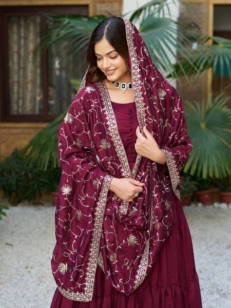 Luxury Real Modeling Vichitra Silk Anarkali Gown with Flair   Embroidered Sequence Dupatta Set Ready Collection Anarkali Kurtis 