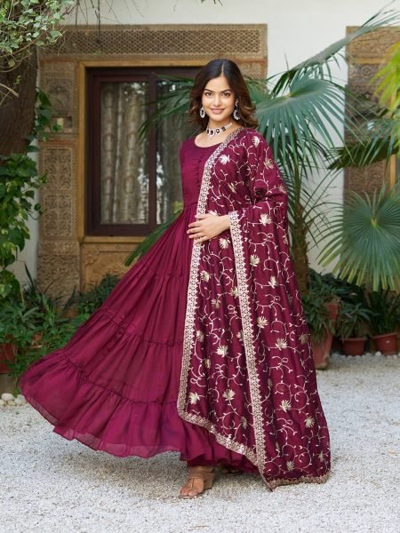 Luxury Real Modeling Vichitra Silk Anarkali Gown with Flair   Embroidered Sequence Dupatta Set Ready Collection Anarkali Kurtis 