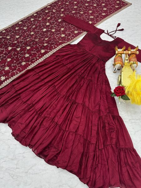 Luxury Real Modeling Vichitra Silk Anarkali Gown with Flair   Embroidered Sequence Dupatta Set Ready Collection Anarkali Kurtis 