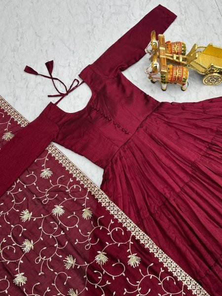 Luxury Real Modeling Vichitra Silk Anarkali Gown with Flair   Embroidered Sequence Dupatta Set Ready Collection Anarkali Kurtis 