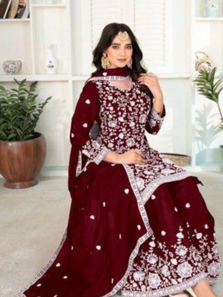 Luxury Red Chinnon Silk 3 Piece Festive Set for Women 2025