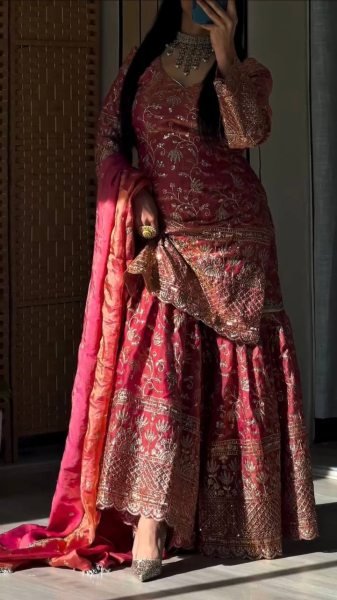 Luxury Pink Crushi Silk Embroidery Sharara Palazzo Set with Dupatta Ready to Wear Ready To Wear Collection